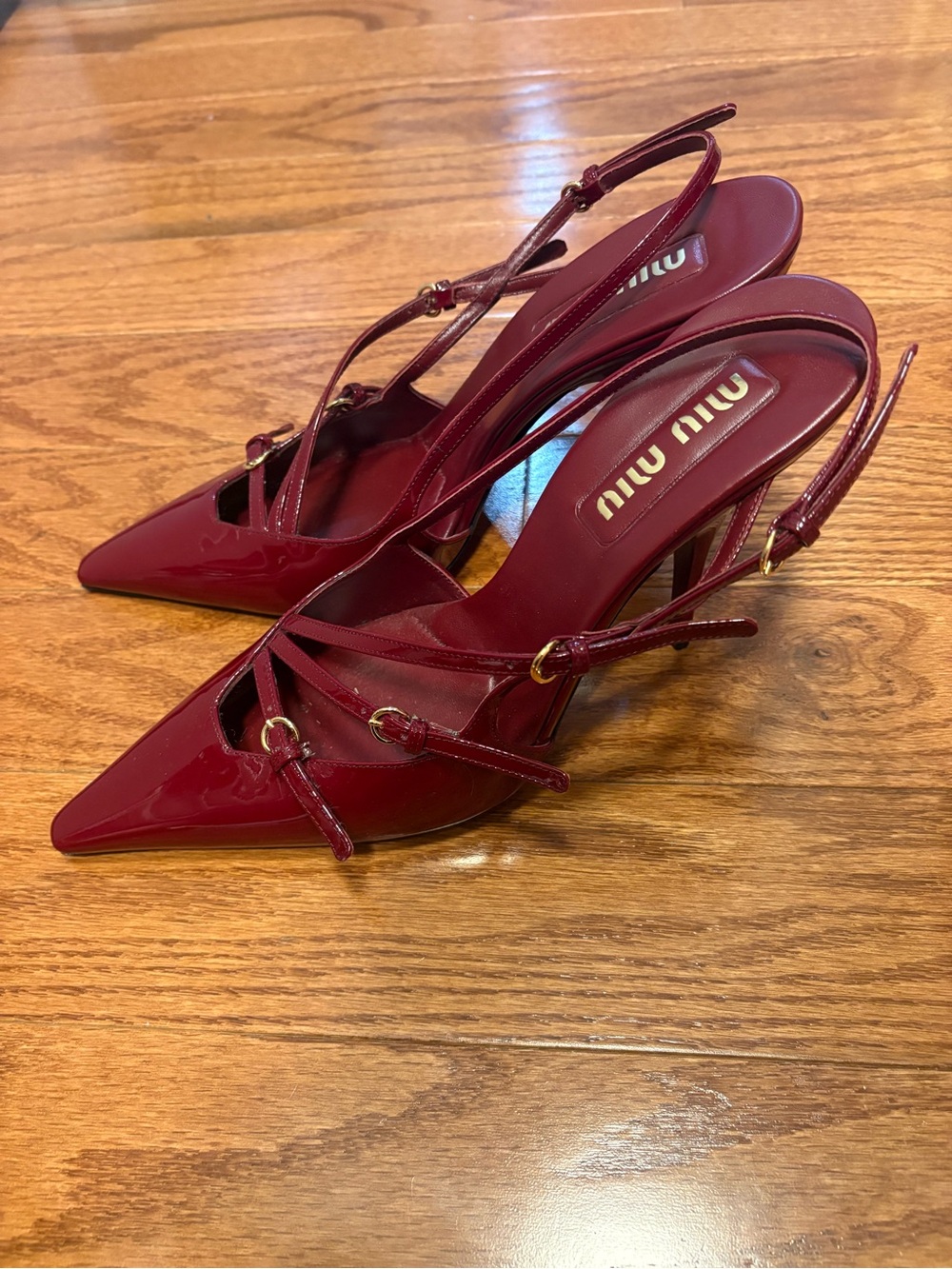 Miu Miu Deep Burgundy Patent Leather Pointed Slingback Heels - Picture 3 of 4